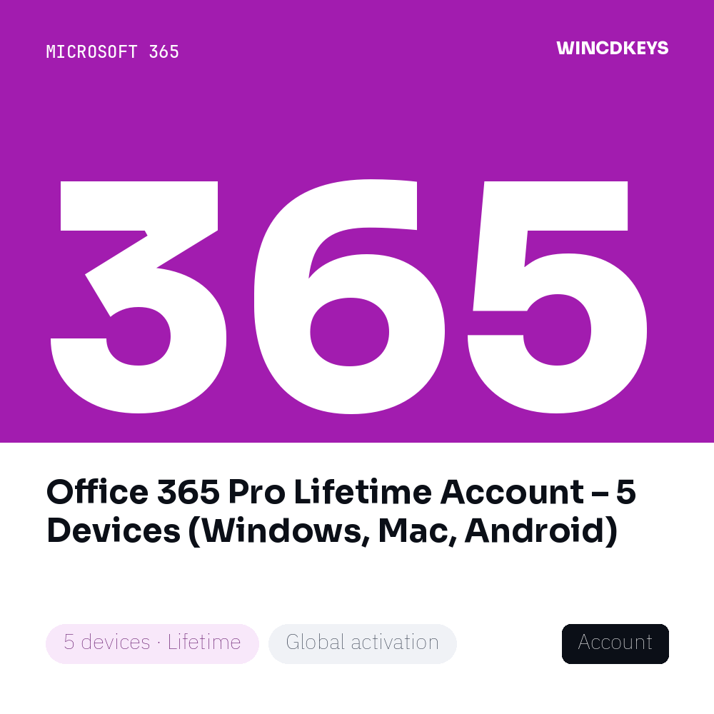 Office 365 Pro Lifetime Account – 5 Devices (Windows, Mac, Android)