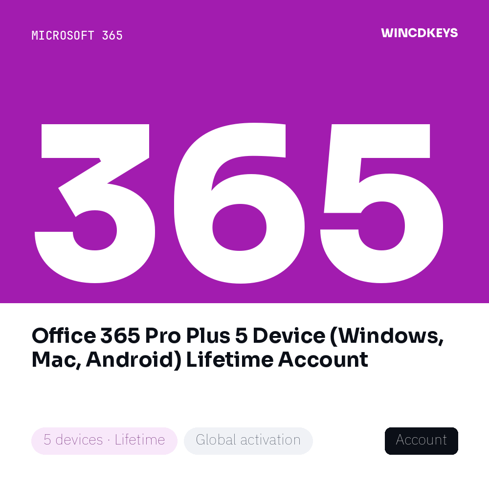 Office 365 Pro Plus 5 Device (Windows, Mac, Android) Lifetime Account